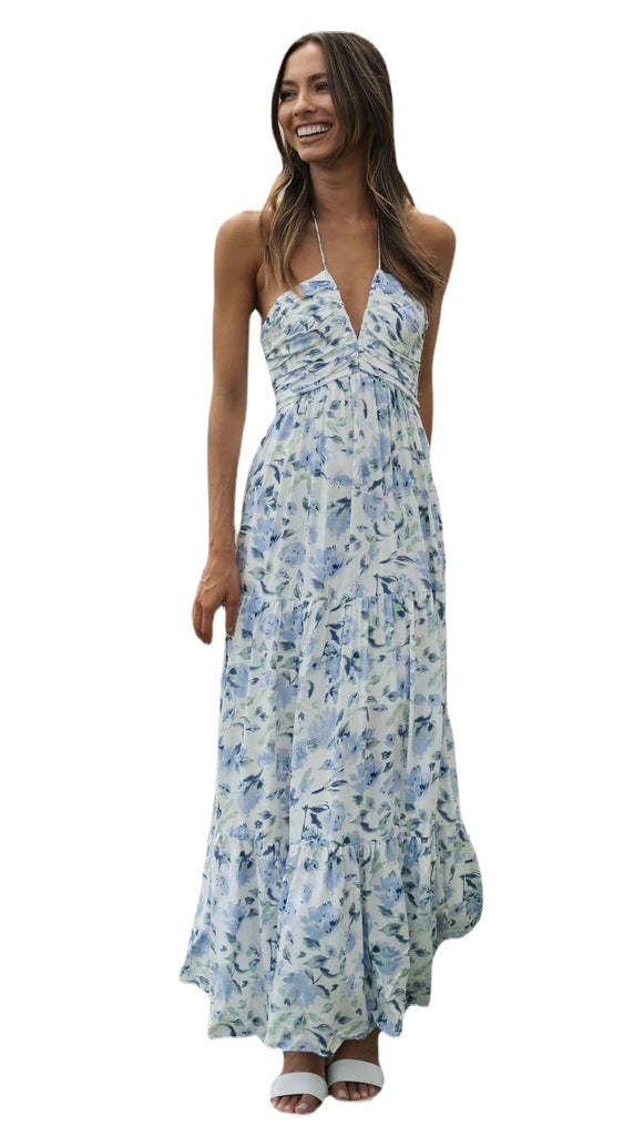 Robe longue sans manches en mousseline de soie à col en V et patchwork