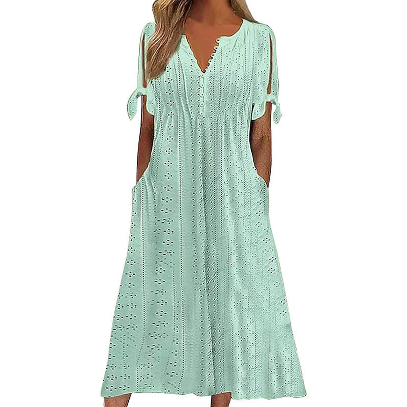 Robe longue d'été en broderie anglaise à col en V pour femme, manches courtes, coupe ample évasée pour la plage