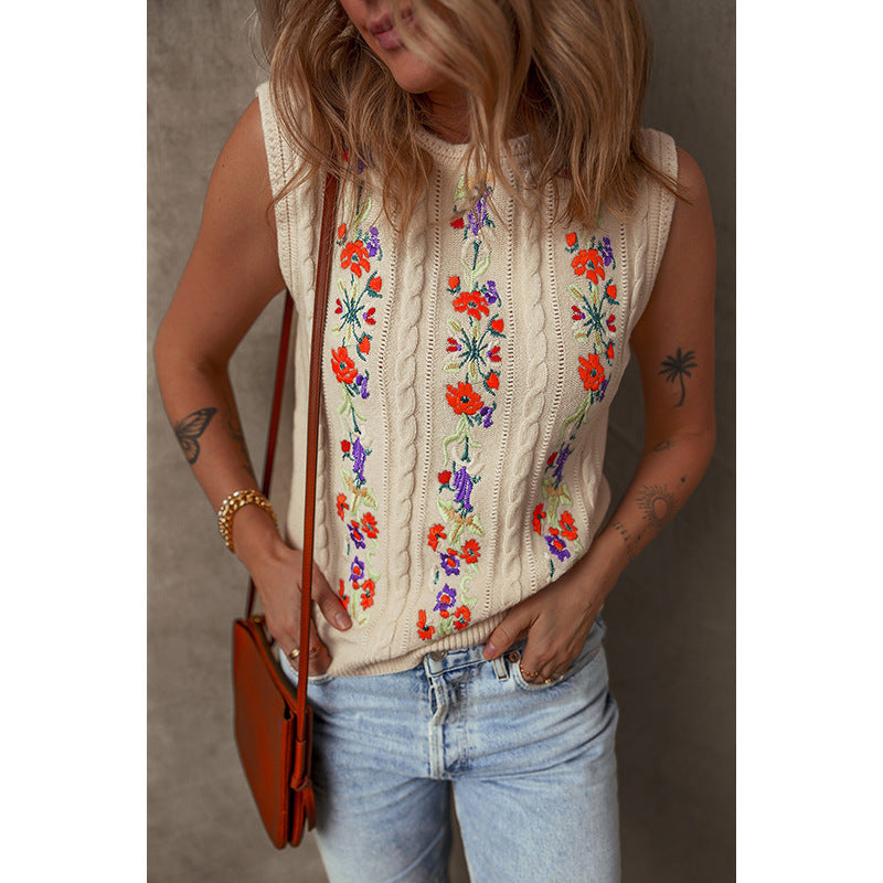 Gilet en tricot brodé floral mode pour femmes Nouveau gilet sans manches rétro Niche pour femmes