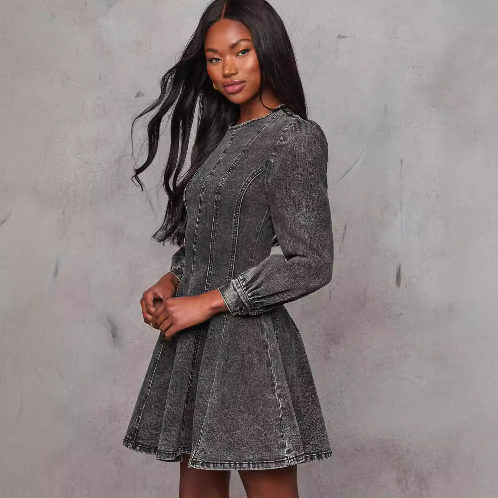 Robe longue en jean à manches longues pour femmes, coupe cintrée, patchwork élégant