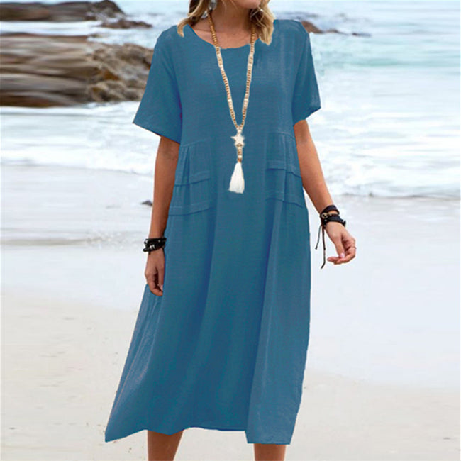 Robe midi décontractée ample d'été pour femmes Coton lin respirant Manches courtes Robes mi-longues Robe de plage simple pour femmes Main Image