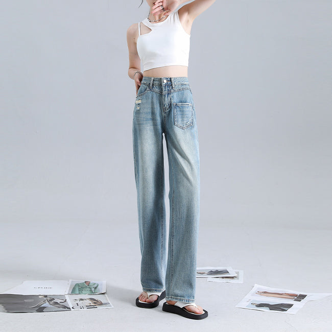 Jeans droits irréguliers à la mode pour femme Hover Image