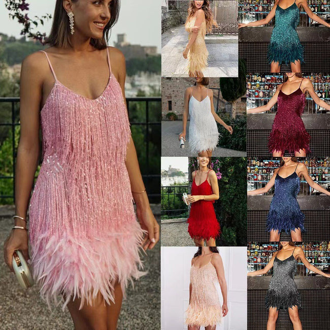 Mini-robe d'été sexy à pampilles, sequins et plumes pour femme, col en V, bretelles spaghetti, robe de soirée élégante pour club Hover Image