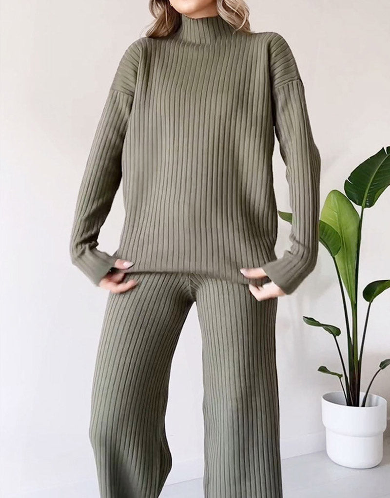 Ensemble tricoté col roulé, haut fendu ample à manches longues et pantalon droit, mode décontractée, couleur unie, vêtements pour femmes.