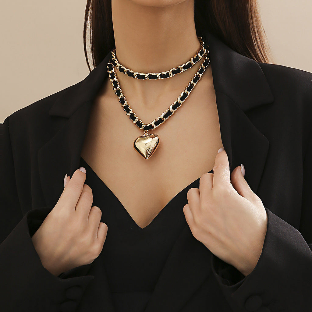 Grand Collier Double Couches Coeur pour Femme Style Punk Urbain Bijoux Tendance