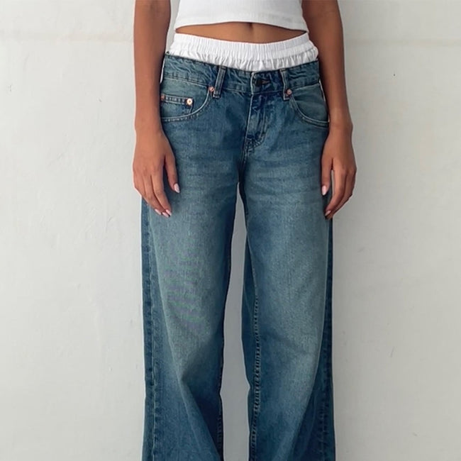 Jean droit délavé taille basse non élastique pour femme Hover Image
