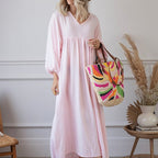Robe ample col en V manches lanternes pour femme