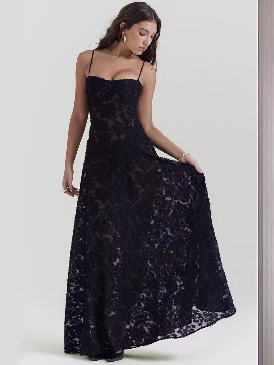 Sexy Flowers Lace Suspender Dress Summer Fashion Slim Back Lace-up Long Dresses Party Evening Club Clothing For Women