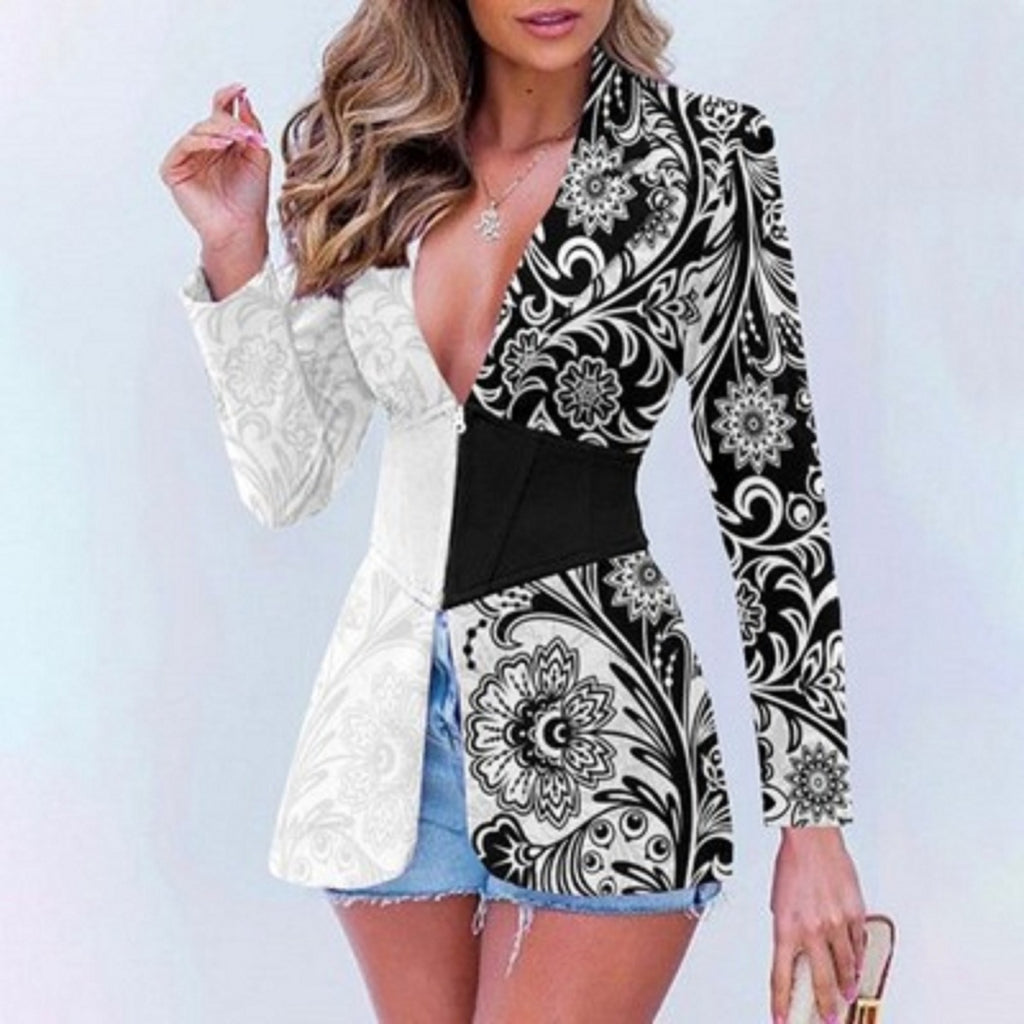 Blazer à revers contrastés imprimé pour femme
