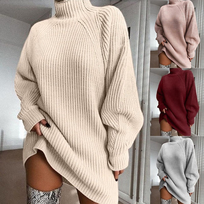 Pull long à col roulé uni, chaud, pour femme, robe-pull d'hiver Main Image