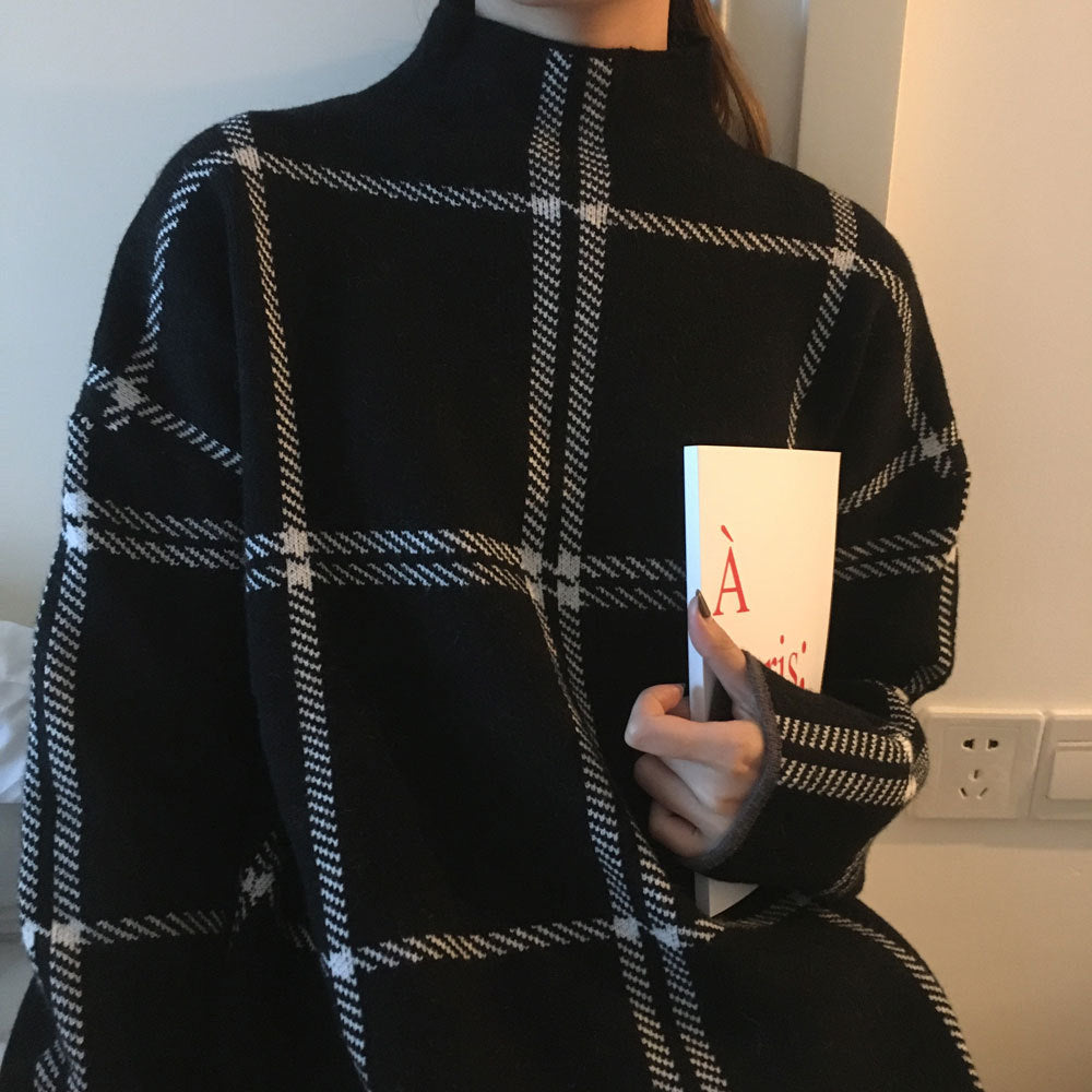 Pull tricoté à col montant en tissu écossais, pour femme