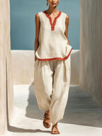 Ensemble Femme Chic en Coton-Lin Deux Pièces Pantalon Large et Haut Color-Block Contraste pour l'Été