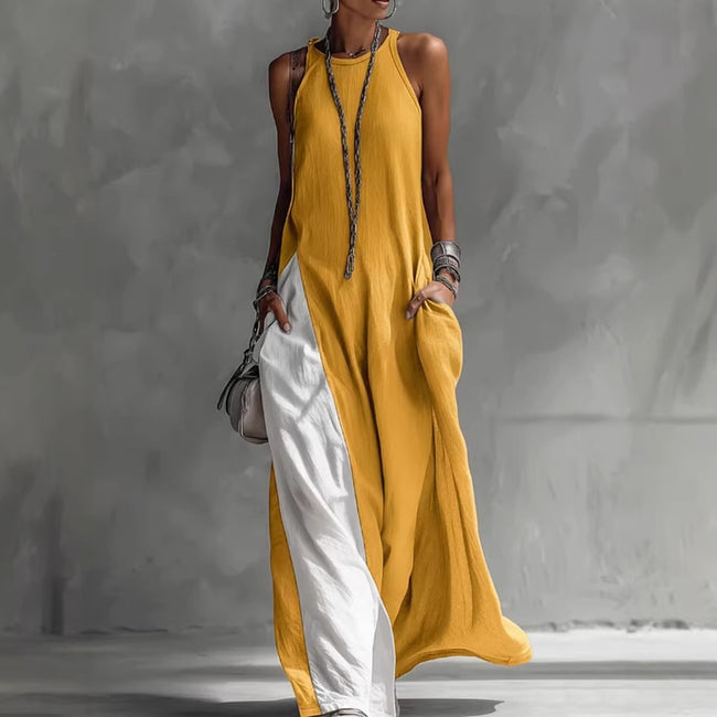 Robe longue à bretelles pour femmes, type gilet trapèze, couleur contrastée, robe de plage d'été, décontractée, ample, col licou, poches latérales, fente, longues robes Main Image