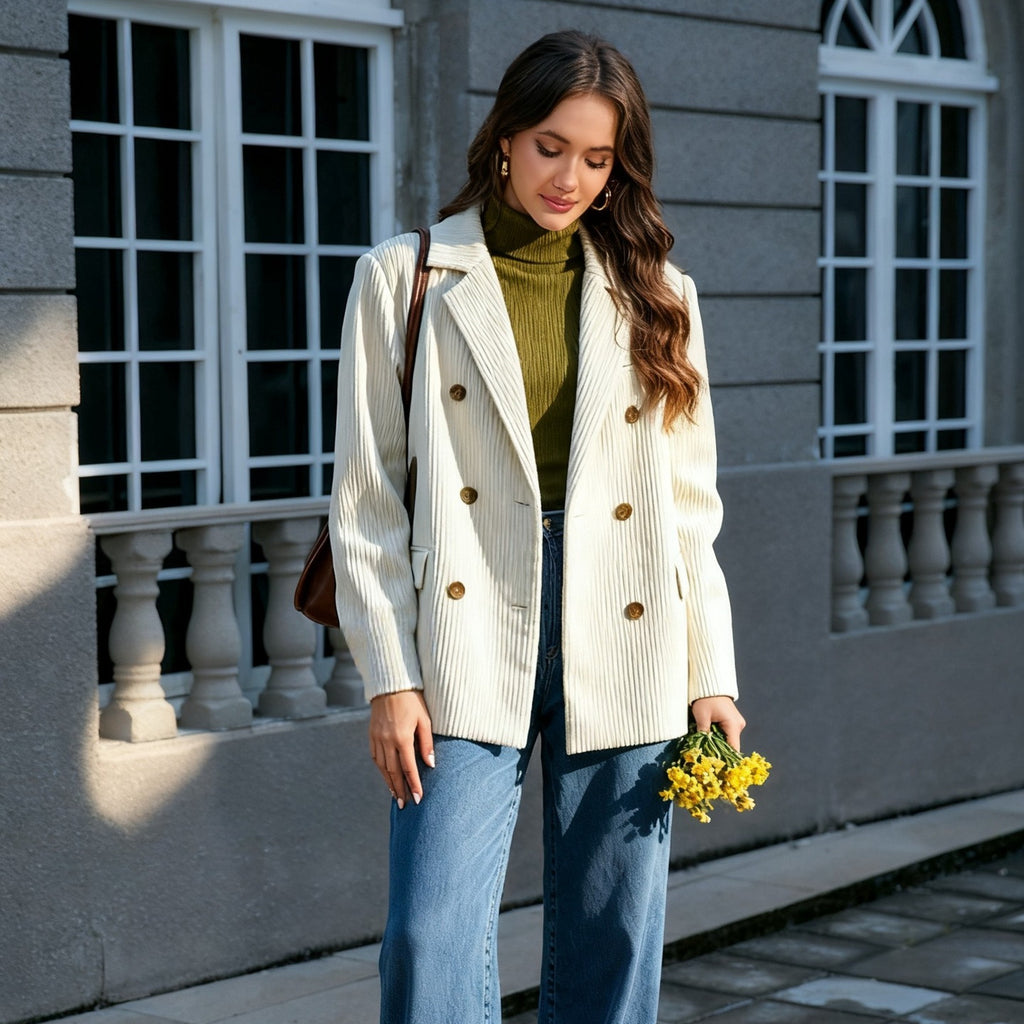 Blazer en velours côtelé uni décontracté pour femme