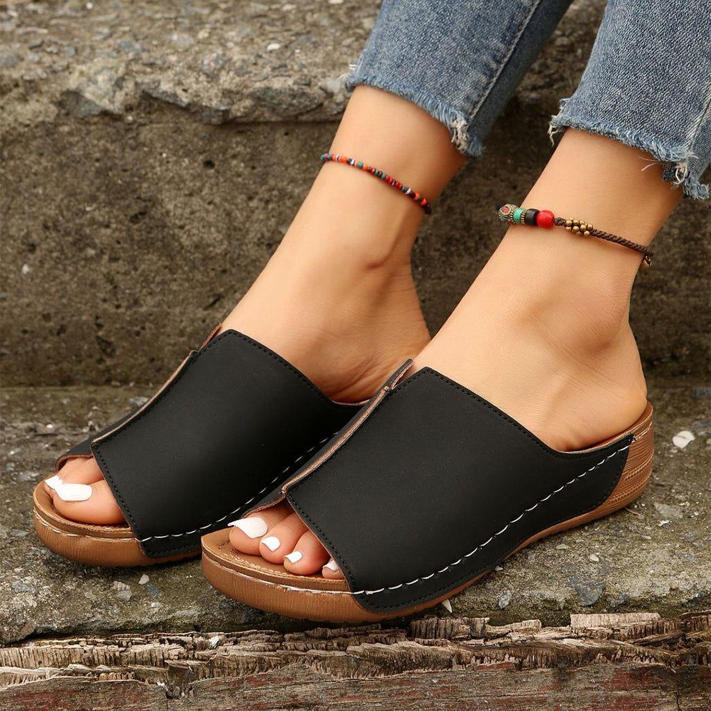 Sandales compensées unies à la mode, sandales d'été décontractées à bout ouvert, chaussons d'extérieur à semelle épaisse rehaussantes, chaussures pour femmes