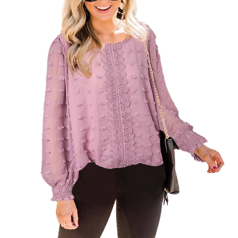 Chemisier Femme en Mousseline Jacquard Col Rond Manches Longues Lanterne