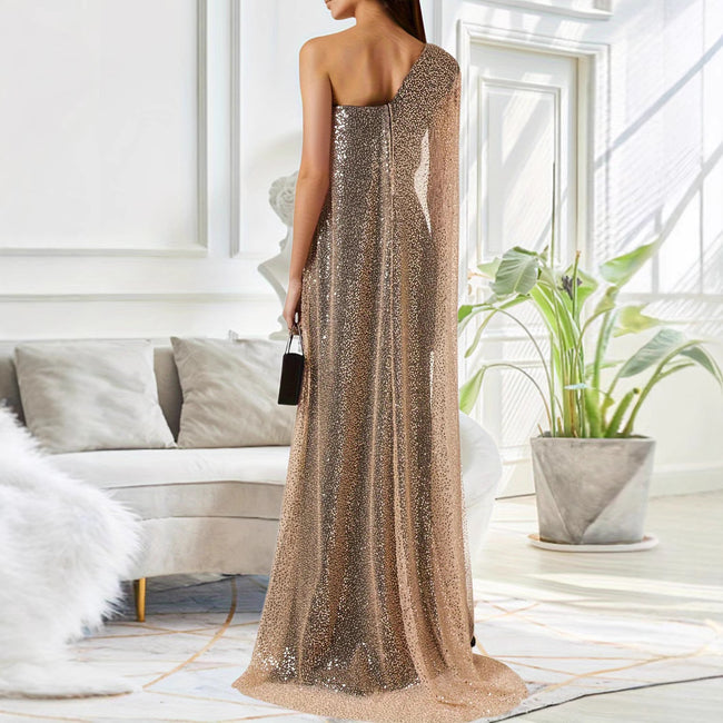 One-shoulder Cloak Slit Black Dress Main Image