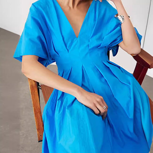 Blue V-neck Pleated Dress Bell Sleeve Dress French Style Main Image