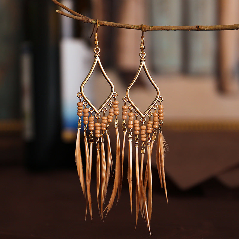 Ornement Perles Colorées Gland Plume Boucles d'Oreilles Femmes Style Bohème Boucles d'Oreilles Transfrontalières Bijoux Européens Et Américains