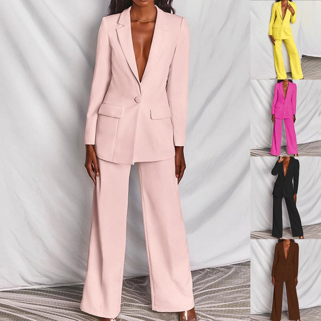 Ensemble 2 pièces décontracté blazer à revers boutonné et pantalon droit pour le bureau, les trajets quotidiens et les affaires Hover Image