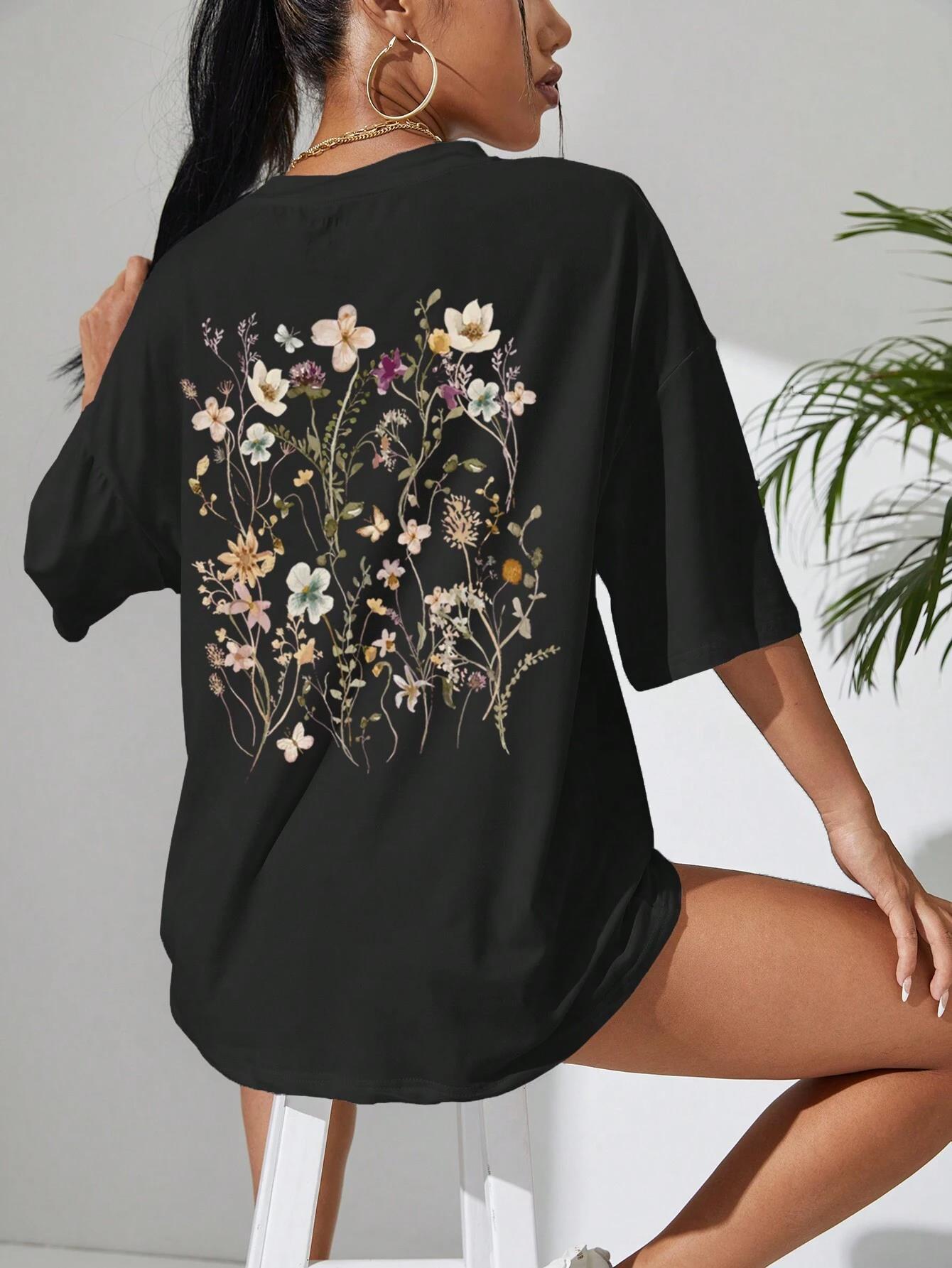 T-shirts décontractés en coton imprimés grappes de fleurs pour femmes