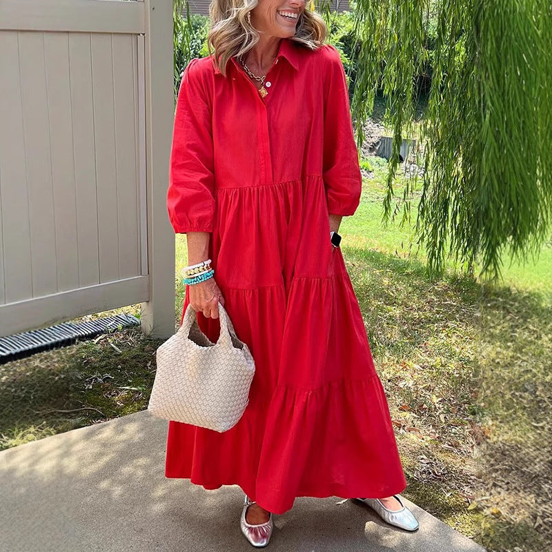 Robe ample décontractée à revers, manches mi-longues et grand tombé