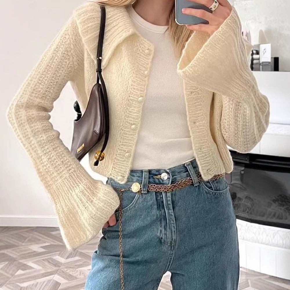 Pull-over à manches cloches et revers courts pour femme