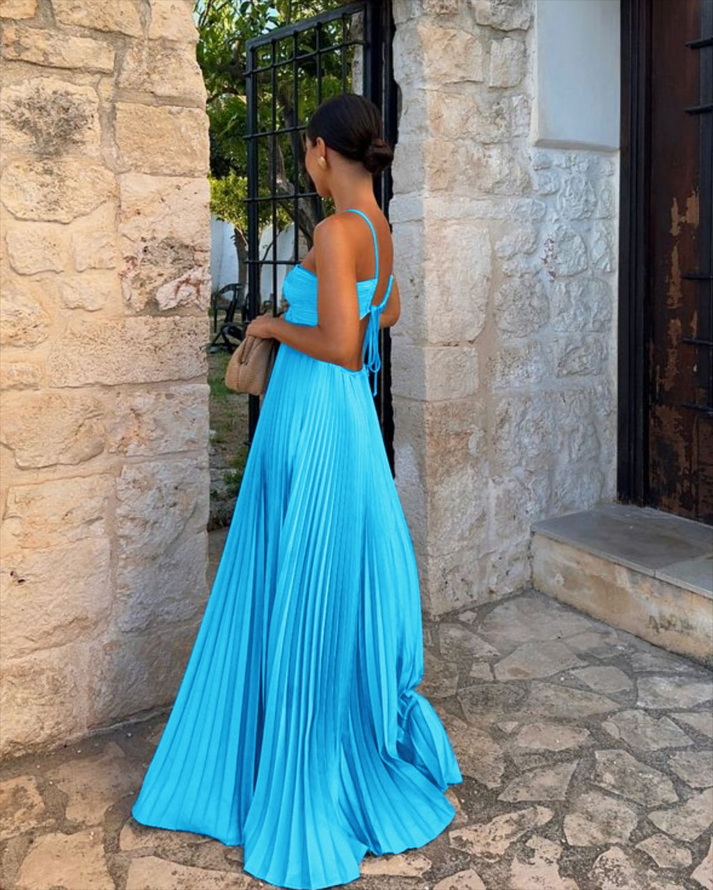 Robe longue plissée sans manches à bretelles, taille haute évidée, dos nu pour soirée, club, vêtement femme