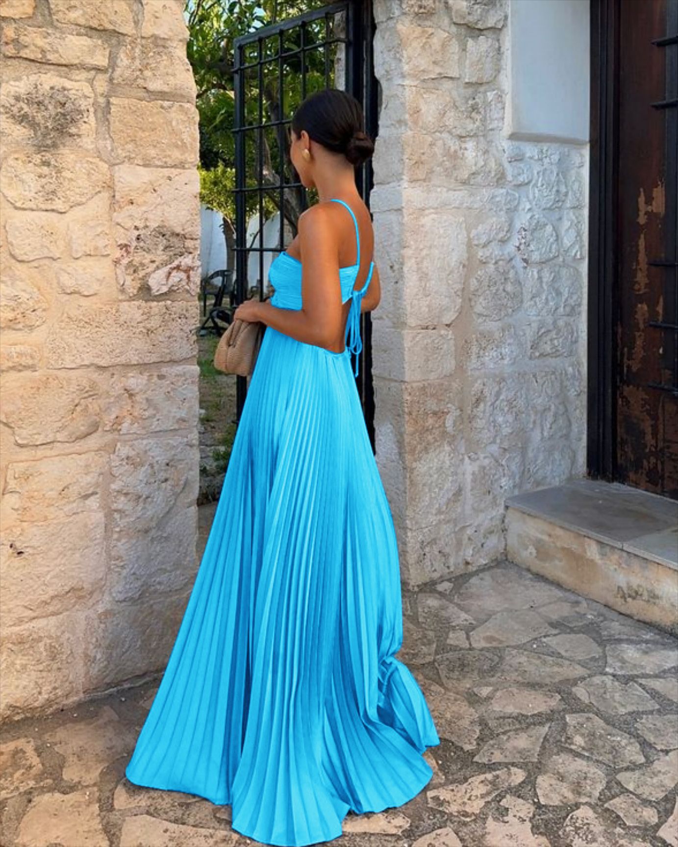 Robe longue plissée sans manches à bretelles, taille haute évidée, dos nu pour soirée, club, vêtement femme