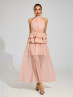 Flowy Ruffled Wedding Dress With A Halter Neckline