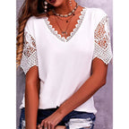 Tops en dentelle femme été col en V ample manches courtes chemises décontractées