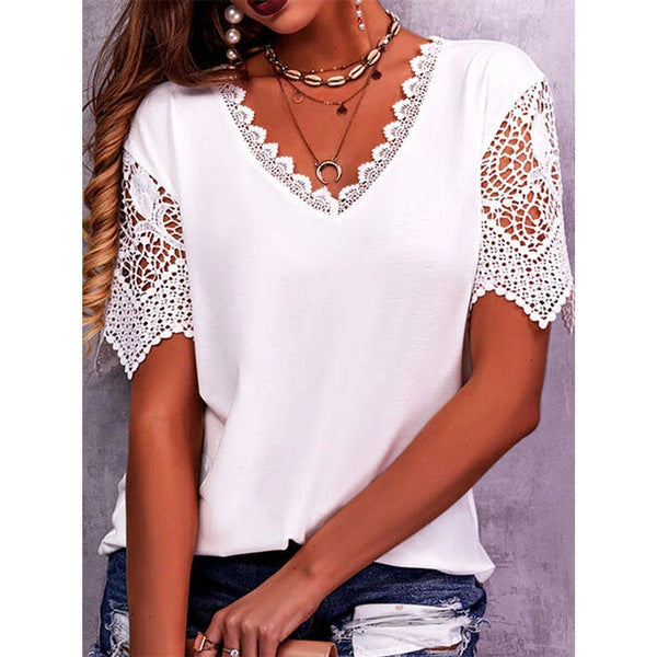 Tops en dentelle femme été col en V ample manches courtes chemises décontractées