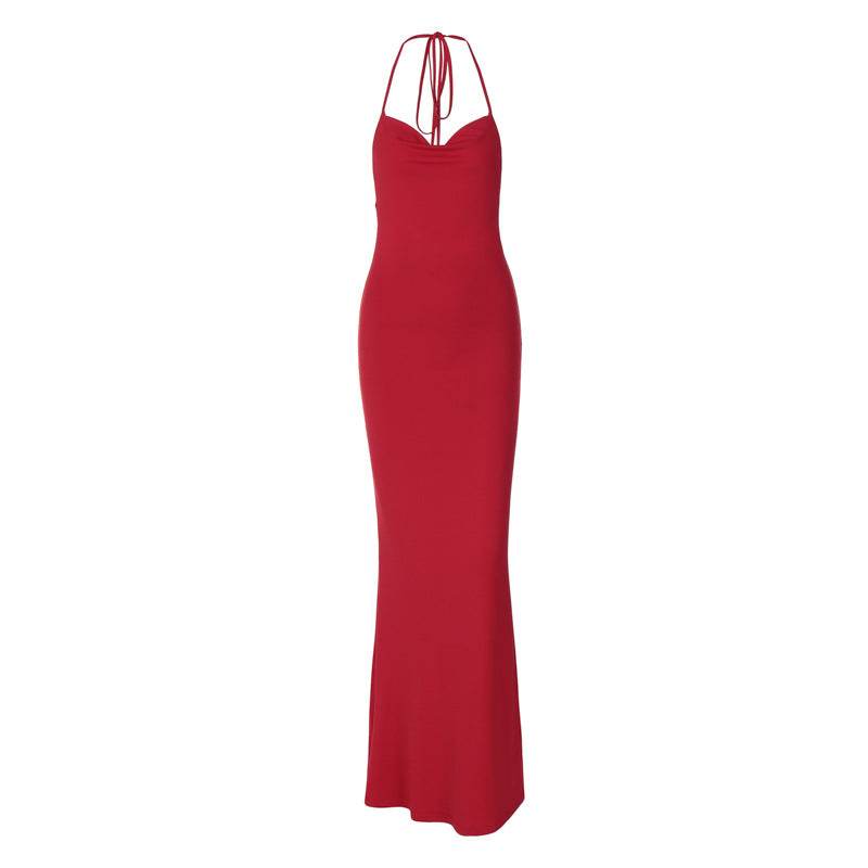 Robe longue dos nu à licou ajourée pour femme