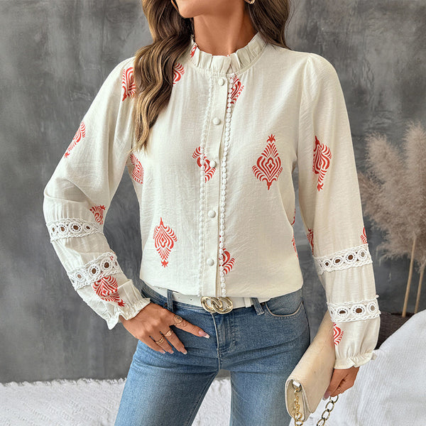 Chemise à Col Montant Imprimé Ethnique Pour Femme