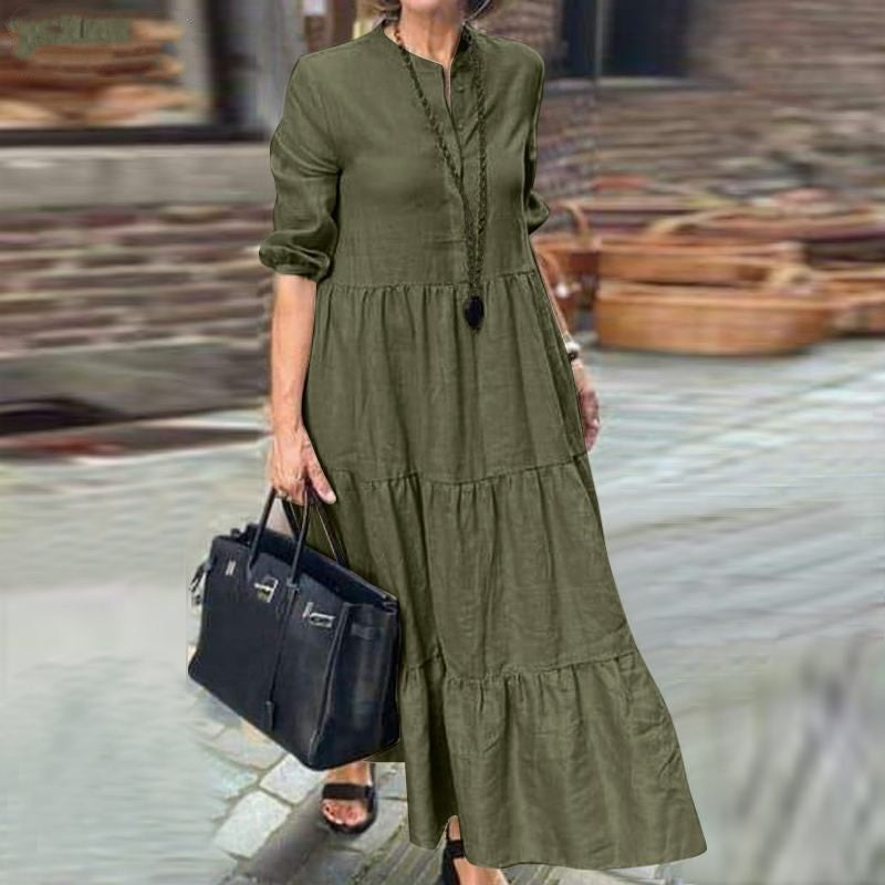 Robe longue décontractée ample à revers en coton et lin de couleur unie à large ourlet pour femme