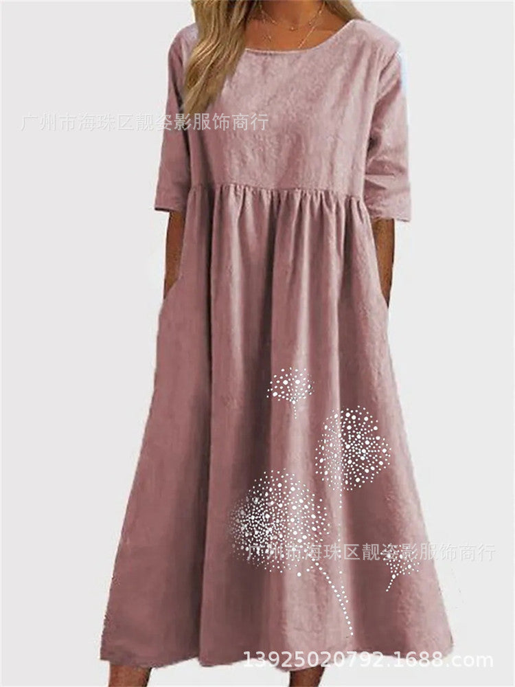 Robe décontractée ample imprimée à col rond et manches courtes grande taille