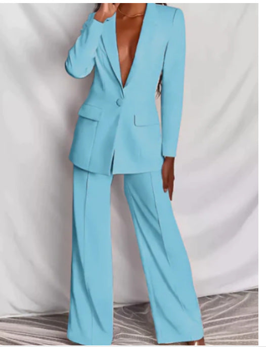 Ensemble 2 pièces décontracté blazer à revers boutonné et pantalon droit pour le bureau, les trajets quotidiens et les affaires