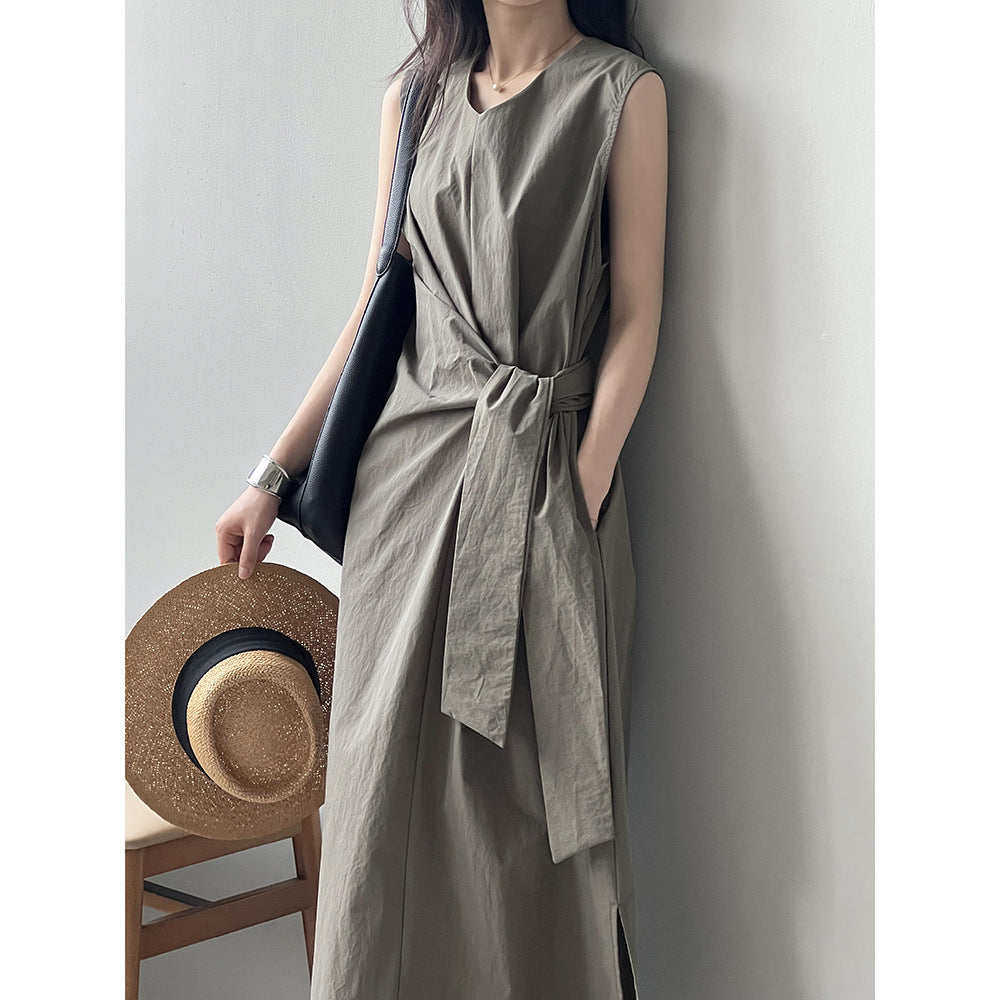 Waist Trimming Lace Up Sleeveless Dress Summer New