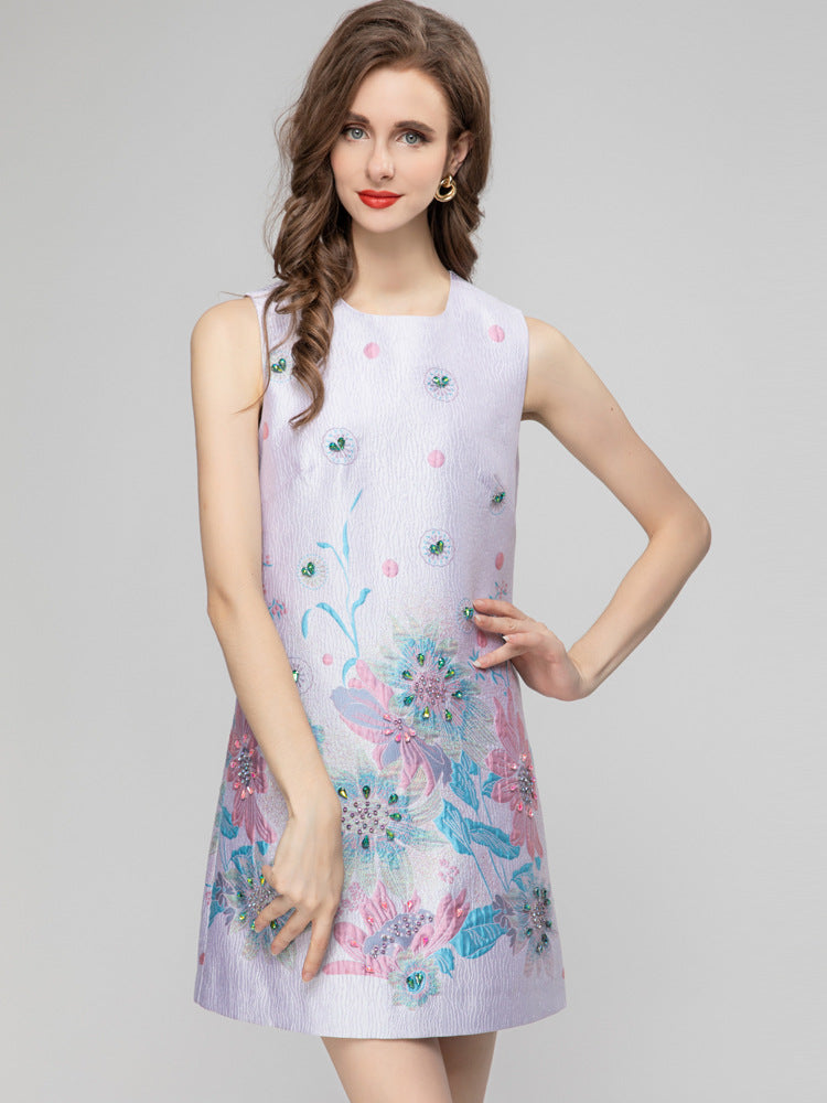 Robe courte sans manches en jacquard imprimé pour femme
