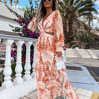 Robe longue élégante à col en V creux pour femme, robe longue à manches longues avec imprimé pour le printemps et l'été, robe à manches longues à col en V.