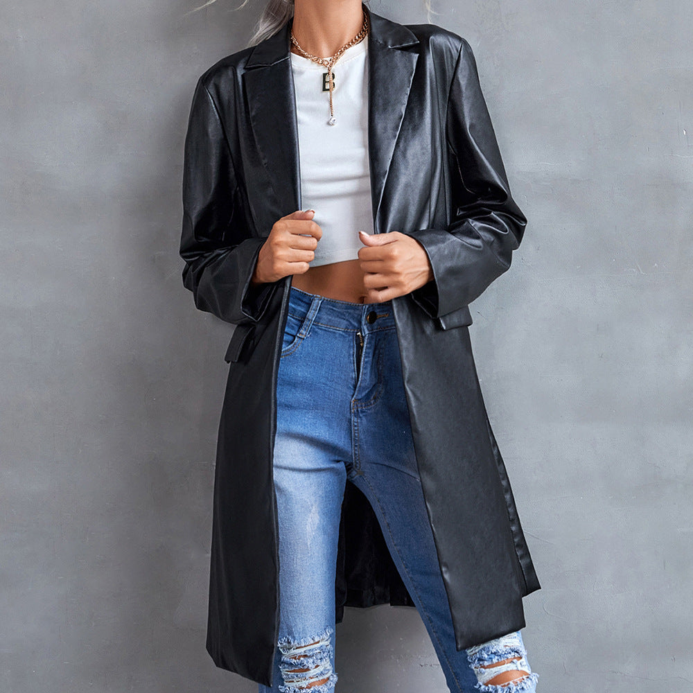 Blazer coupe-vent long en cuir slim à manches longues pour femme