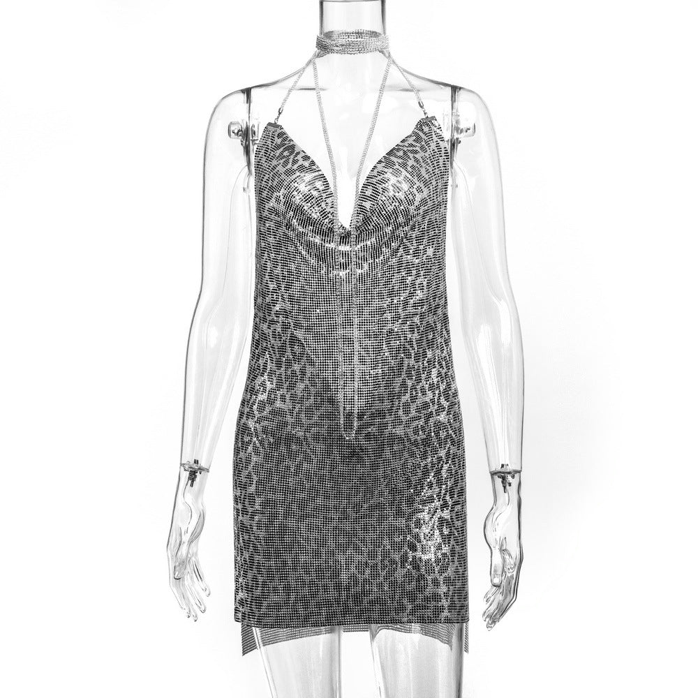 Robe Métallisée à Paillettes et Strass Femme