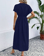 Robe longue unie à col en V profond, manches à épaules plissées et taille élastique