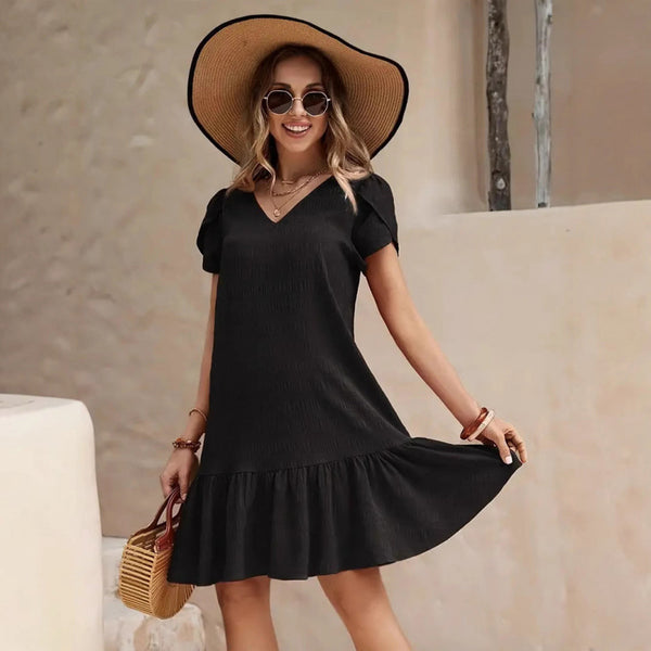 Robe décontractée ample à manches courtes et col en V de couleur unie