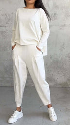Ensemble tailleur irrégulier femme - Haut à manches longues et col rond et pantalon sarouel ample avec poches - Vêtements pour femmes style Ins