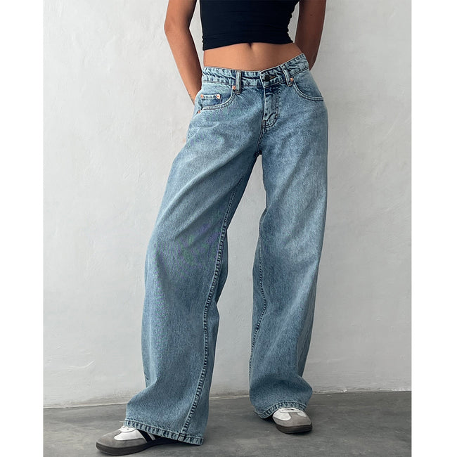 Jean droit délavé taille basse non élastique pour femme Main Image