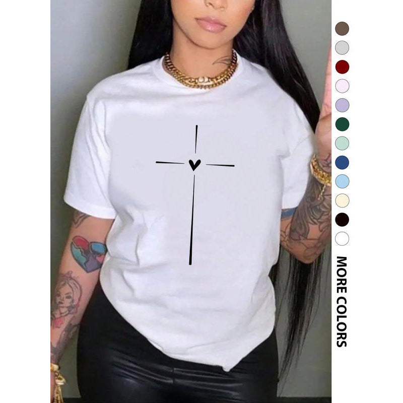 T-shirt ras du cou à motif cœur croisé pour femme