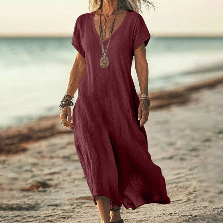 Robe ample unie en coton et lin à col en V