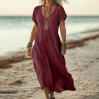 Robe ample unie en coton et lin à col en V