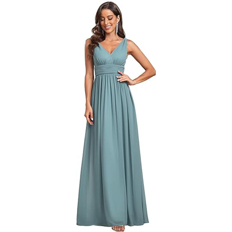 Robe longue de soirée élégante en mousseline sans manches avec décolleté en V profond pour femme